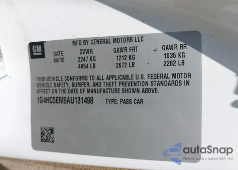 2010 Buick Lucerne Cxl из США, поврежденный, VIN 1G4HC5EM9AU131498